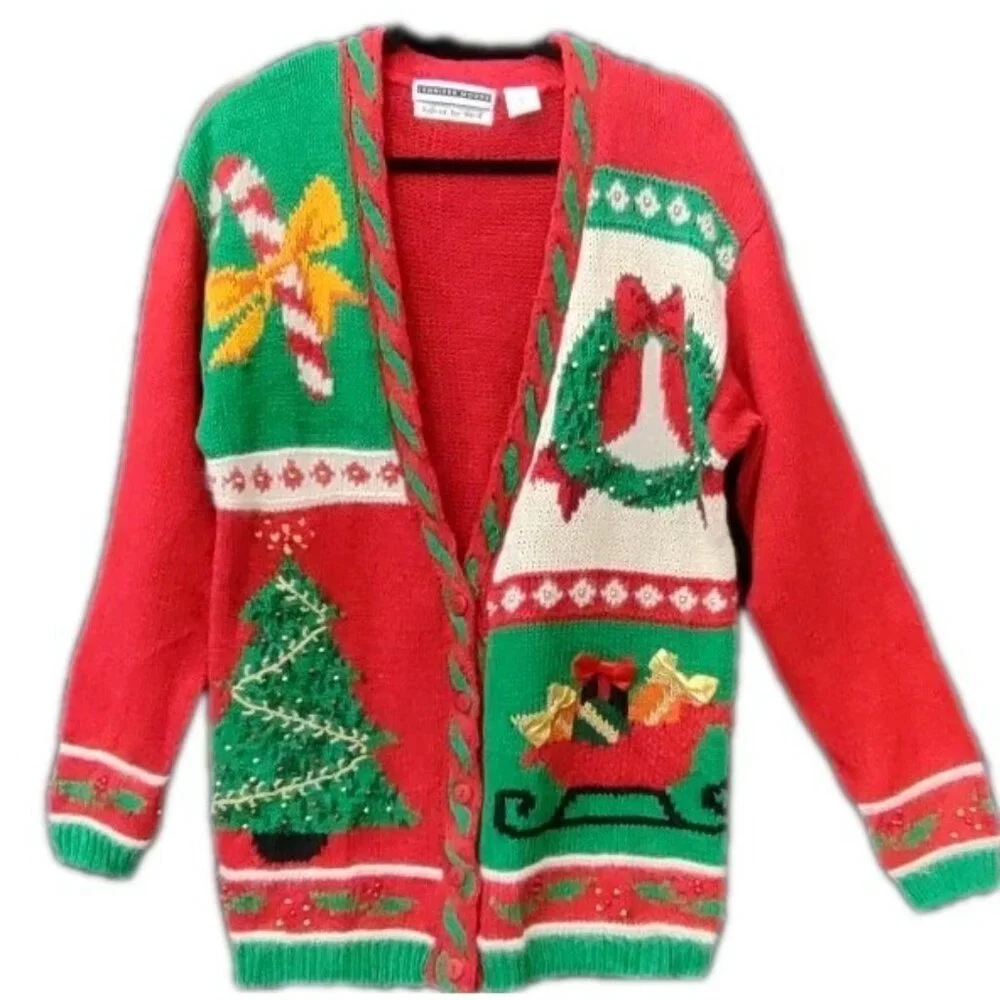 Jennifer Moore Vintage CHRISTMAS Sweater Hand Knit Beads Bows Three Women Size M - Picture 2 of 13